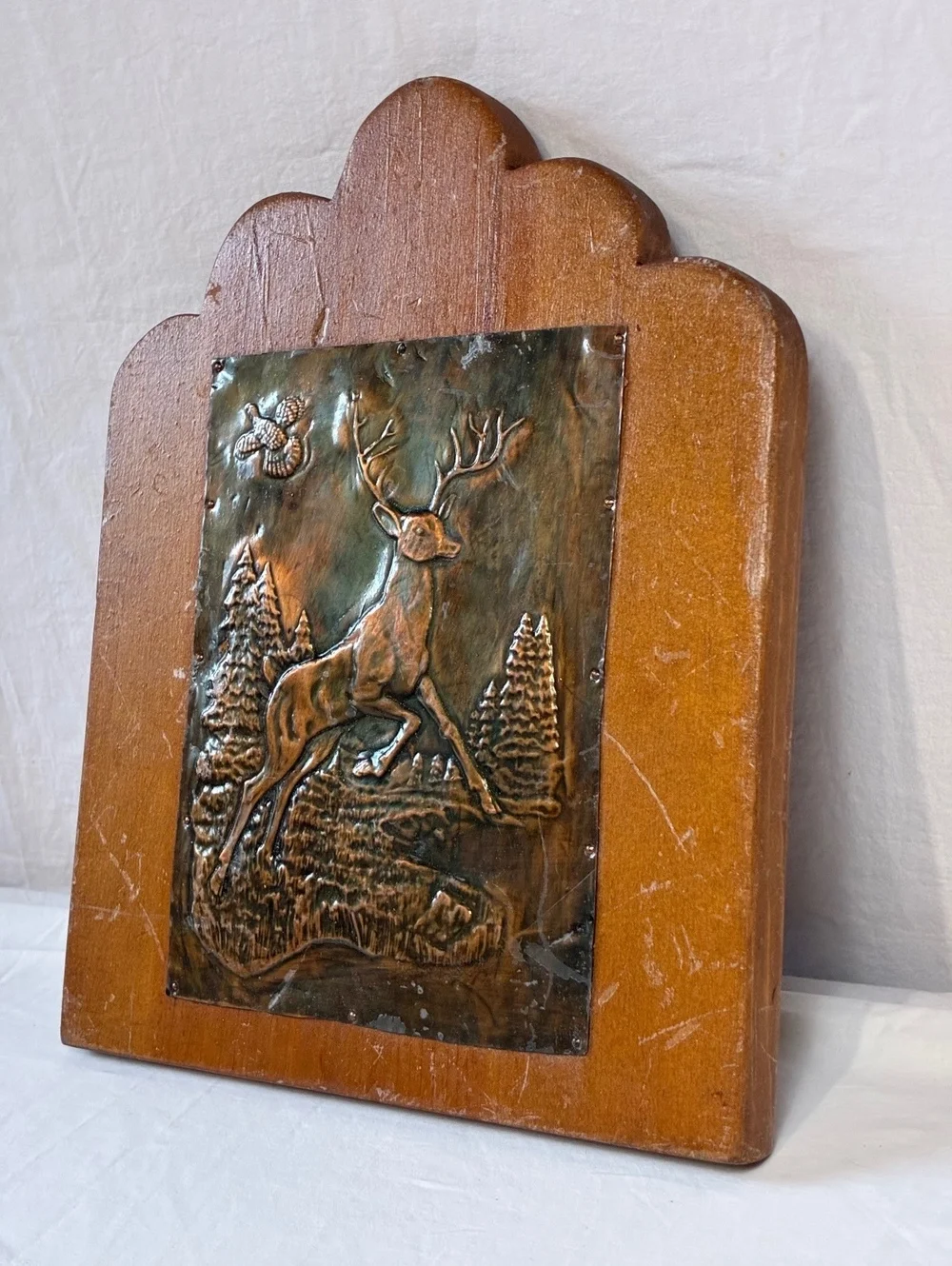 Vintage Wooden Wall Hanging with Copper Stamped Deer Scene
